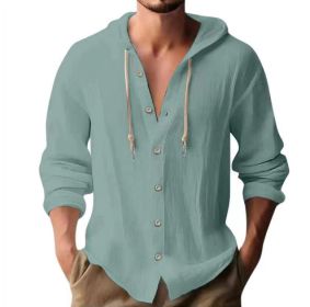Cotton And Linen Shirt Hooded Sweater Button Long Sleeve (Option: Grey blue-S)