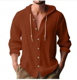 Cotton And Linen Shirt Hooded Sweater Button Long Sleeve (Option: Brick red-S)