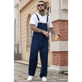 US Ready Stock Mens Denim Overalls Dark Blue Loose Fit Straight Leg Bib Overalls Casual Workwear For Men (Option: L166S)