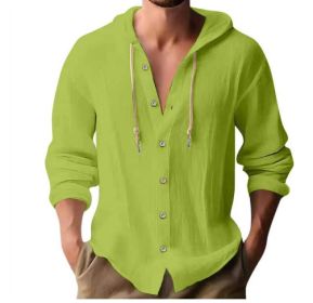 Cotton And Linen Shirt Hooded Sweater Button Long Sleeve (Option: Fruit green-XL)