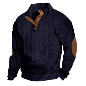 Stand Collar Long Sleeve Jacquard Knitted Pullover Sweater (Option: Navy blue-XL)