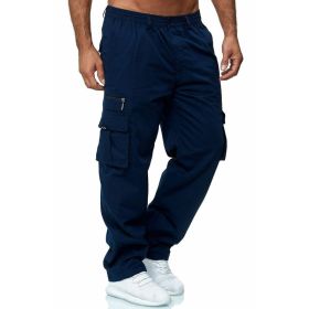 Men's Casual Multi-pocket Loose Straight Cargo Pants (Option: Navy Blue-S)