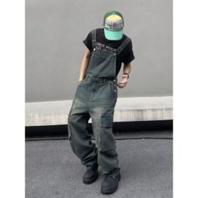 Mens Vintage Denim Bib Overalls Faded Wash Wide Leg Baggy Streetwear Dungarees US Warehouse Ready Stock (Option: L168S)