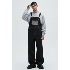 Black Denim Overalls Men Asymmetric One Shoulder Baggy Wide Leg Streetwear Jumpsuit US Ready Stock (Option: L399S)