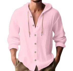 Cotton And Linen Shirt Hooded Sweater Button Long Sleeve (Option: Pink-L)