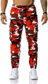 Men's Trousers Camouflage Print Sports Casual Pants Wporkout Joggers Long Sweatpants (Color: Red, size: XL)
