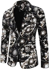 Men's Casual Slim Fit Single Button Suit Jacket Fashion Ethnic Print Blazer (Color: White-S)