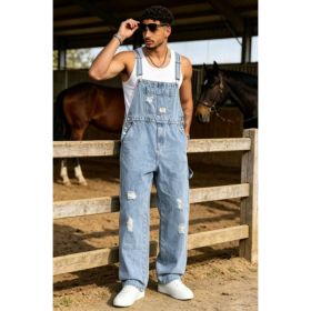 Light Wash Mens Denim Overalls Distressed Baggy Loose Fit Bib Dungarees Vintage Streetwear US Ready Stock (Option: L407S)