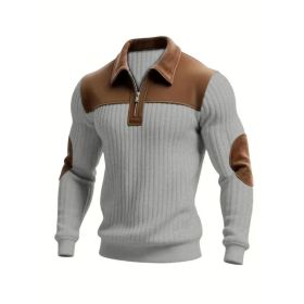 Notched-collar Patchwork Knit Top With Embroidered Zipper Hoodie (Option: Gray-M)