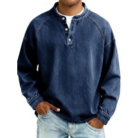Men's Solid-Colored Casual Top Vintage Long-Sleeve Shirt (Option: Dark Blue-M)