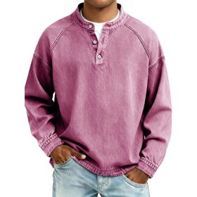 Men's Solid-Colored Casual Top Vintage Long-Sleeve Shirt (Option: Pink-M)