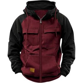 Men's Hoodie Youth Sports Multi-pocket Workwear (Option: Wine red-M)