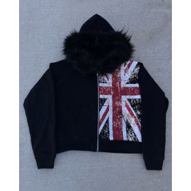 Fur Collar Printed Zipper Sweater Long Sleeve Pullover Hoodie Vintage Coat (Option: Black-M)