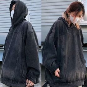 Men's Fashion Retro Hooded Denim Jacket Top (Option: Black-3XL)