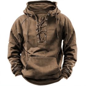 Ins Lace-up Hoodie Casual Sports Pocket Sweatshirt Men's Long-sleeved Top Clothing (Option: Khaki-3XL)