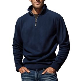 Men's Polar Fleece Top Pure Color Simple Casual Stand Collar Pullover Sweater (Option: Dark Blue-XXXL)