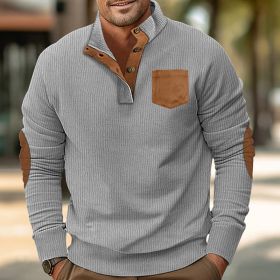 Patch Pocket Jacket Stand Collar Long Sleeve Corduroy Multicolor Hoodie (Option: Light gray-L)