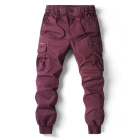 Solid Color Skinny Pants Multi-pocket Men's Working Pants (Option: Wine Red-32)
