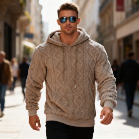 Plush Hooded Sweatshirt Winter Warm Long-sleeved Pullover Top Men's Casual Solid Color Fleece Hoodie Clothing (Option: Brown-XXXL)