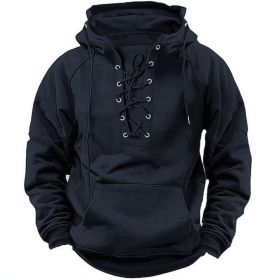 Ins Lace-up Hoodie Casual Sports Pocket Sweatshirt Men's Long-sleeved Top Clothing (Option: Black-3XL)