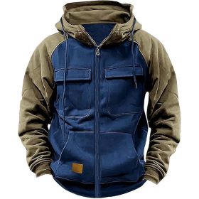 Men's Hoodie Youth Sports Multi-pocket Workwear (Option: Sapphire Blue-L)
