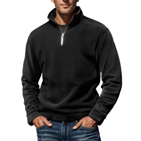 Men's Polar Fleece Top Pure Color Simple Casual Stand Collar Pullover Sweater (Option: Black-L)