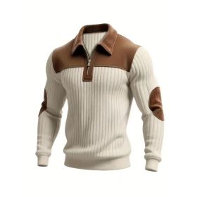 Notched-collar Patchwork Knit Top With Embroidered Zipper Hoodie (Option: Khaki-L)